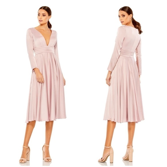 MAC DUGGAL Plunge Neck Satin A-Line Dress In Rose - Picture 1 of 6